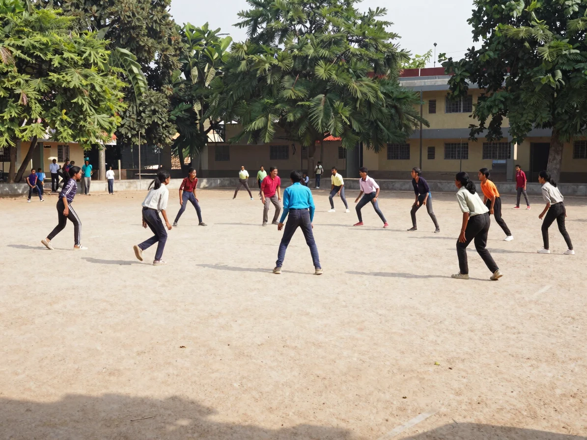 Wide candid view of students playing a team game on an open schoo